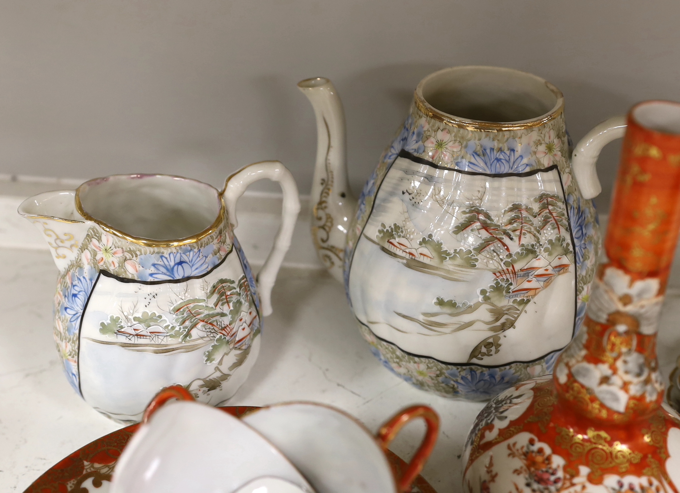 A group of Japanese ceramics, Meiji period, teapot (missing cover), jug, teacups, saucers, etc. (10)